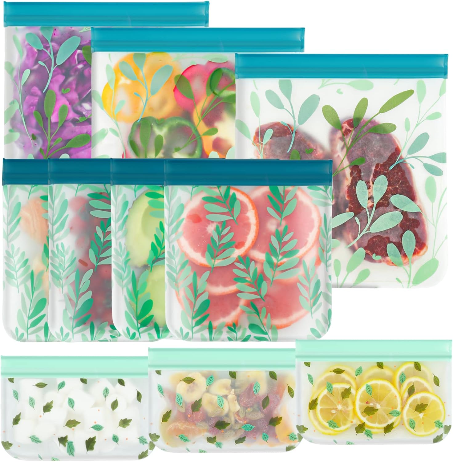 Dishwasher Safe Reusable Food Storage Bags, Leakproof Reusable Freezer Bags, Food Bags -Pack of 10 Dishwasher Safe Reusable Food Storage Bags, Leakproof Reusable Freezer Bags, Food Bags -Pack of 10